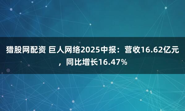 猎股网配资 巨人网络2025中报：营收16.62亿元，同比增长16.47%